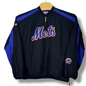 Vintage Majestic New York Mets MLB Jacket Mens L Black Dugout 1/4 Zip Baseball
